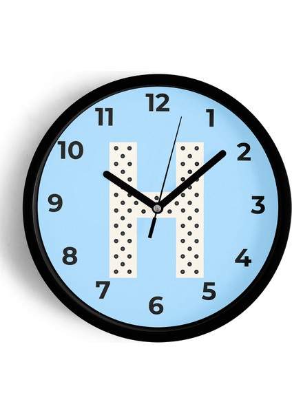 H Harfi Erkek Odası Duvar Saati - 25CM - Önü Camlı Siyah Kasa - Sessiz Mekanizma