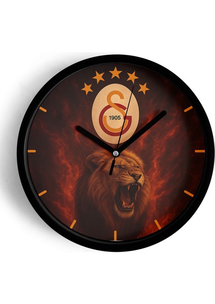 Galatasaray Tasarımlı Modern Duvar Saati - 25CM - Önü Camlı Siyah Kasa - Sessiz Mekanizma