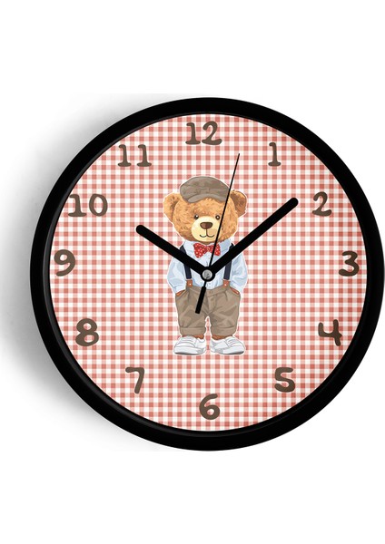 Sevimli Ayı Tasarım Çocuk Odası Duvar Saati - 25CM - Önü Camlı Siyah Kasa - Sessiz Mekanizma