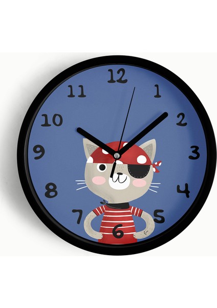 Korsan Kedi Çizimli Çocuk Odası Duvar Saati - 25CM - Önü Camlı Siyah Kasa - Sessiz Mekanizma