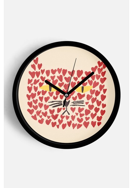 Sevimli Kedi Temalı Modern Duvar Saati - 25CM - Önü Camlı Siyah Kasa - Sessiz Mekanizma