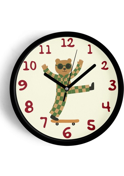 Güneş Gözlüklü Kaykay Yapan Sevimli Ayı Çocuk Odası Modern Duvar Saati - 25CM - Önü Camlı Siyah Kasa