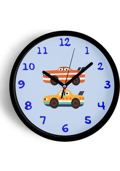 Araba Tasarımlı Çocuk Odası Duvar Saati - 25CM - Önü Camlı Siyah Kasa - Sessiz Mekanizma