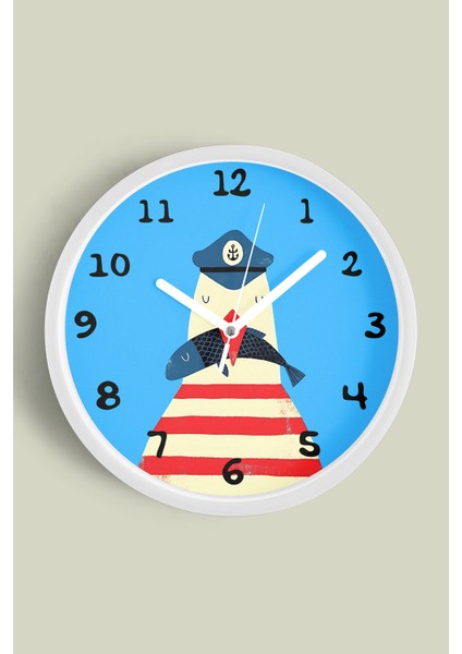 Denizci Martı ve Balık Çizimli Çocuk Odası Duvar Saati - 25CM - Önü Camlı Beyaz Kasa