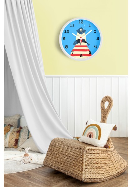 Denizci Martı ve Balık Çizimli Çocuk Odası Duvar Saati - 25CM - Önü Camlı Beyaz Kasa fiyatları