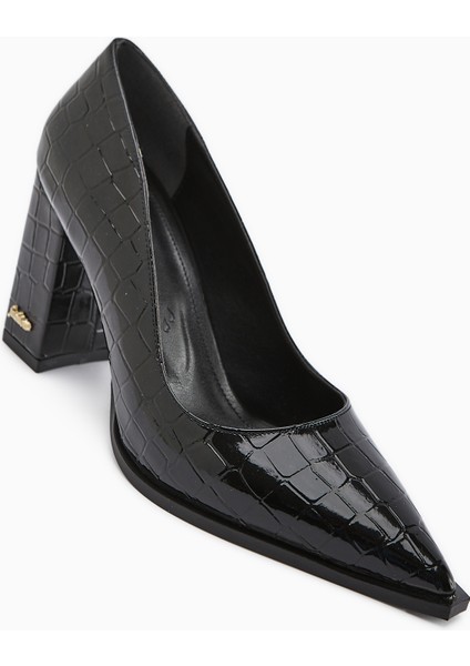 Lucy Siyah Kroko Kalın Topuklu Ayakkabı Kadın Stiletto