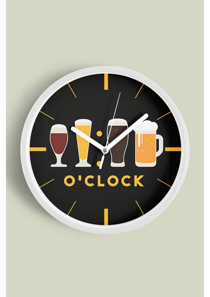 Modern Yazılı Tasarım - Kokteyl - Bira Temalı Duvar Saati - 25CM - Önü Camlı Beyaz Kasa