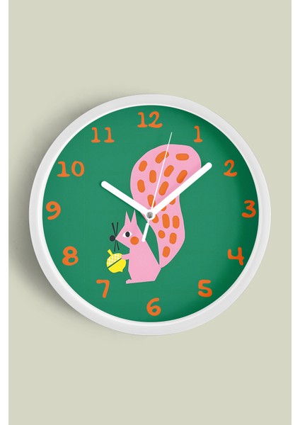 Sevimli Sincap Çocuk Odası Duvar Saati - 25CM - Önü Camlı Beyaz Kasa - Sessiz Mekanizma