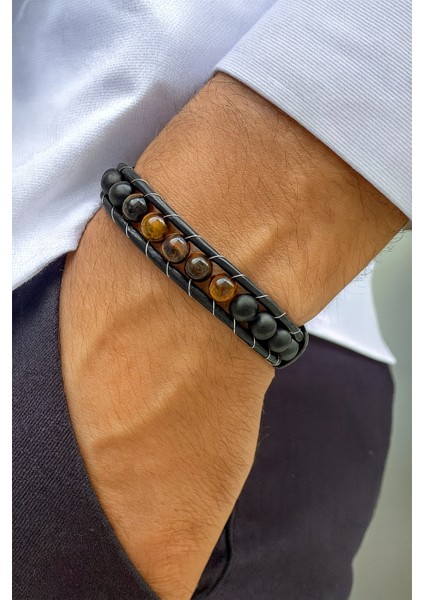 Kaplan Gözü ve Oniks Doğal Taş Bileklik Deri Bileklik