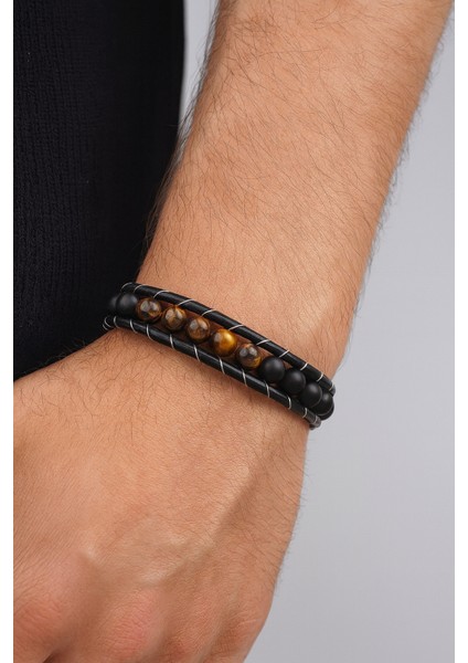 Kaplan Gözü ve Oniks Doğal Taş Bileklik Deri Bileklik fiyatları