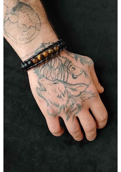 Kaplan Gözü ve Oniks Doğal Taş Bileklik Deri Bileklik modelleri