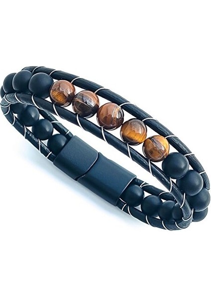 Kaplan Gözü ve Oniks Doğal Taş Bileklik Deri Bileklik fırsatları