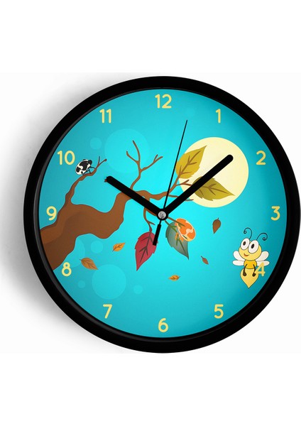Sevimli Arı Çocuk Odası Duvar Saati - 42CM - Önü Camlı Siyah Kasa - Sessiz Mekanizma
