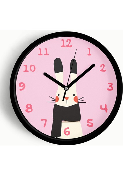 Sevimli Tavşan Çocuk Odası Duvar Saati - 25CM - Önü Camlı Siyah Kasa - Sessiz Mekanizma