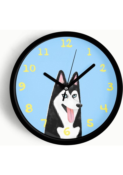 Husky Köpek Illüstrasyonlu Modern Duvar Saati - Çocuk Odası Duvar Saati - 25CM - Önü Camlı