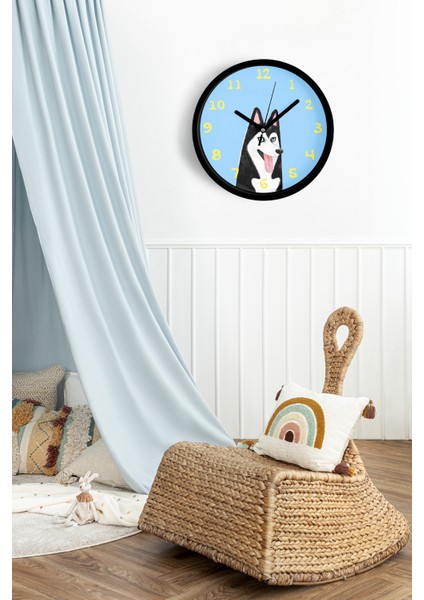 Husky Köpek Illüstrasyonlu Modern Duvar Saati - Çocuk Odası Duvar Saati - 25CM - Önü Camlı fiyatları