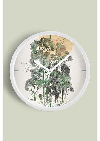Soyut Doğa Manzara Temalı Modern Duvar Saati - 25CM - Önü Camlı Beyaz Kasa - Sessiz Mekanizma