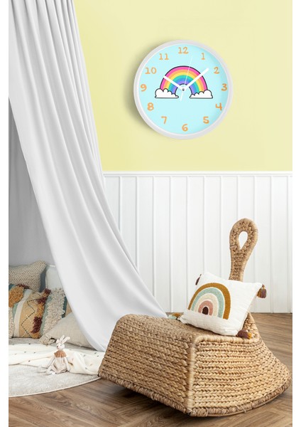 Renkli Gökkuşağı Çocuk Odası Duvar Saati - 25CM - Önü Camlı Beyaz Kasa - Sessiz Mekanizma fiyatları