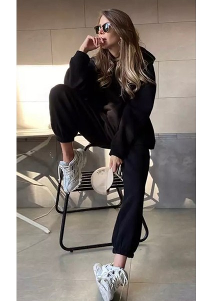 Punıx Büyük Beden Özel Seri Kapüşonlu Düz Renk %100 Pamuk Trend Kışlık Oversize Kadın Eşofman Takımı