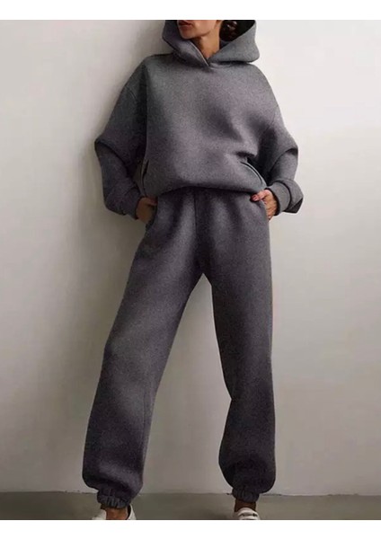 Punıx Büyük Beden Özel Seri Kapüşonlu Düz Renk %100 Pamuk Trend Kışlık Oversize Kadın Eşofman Takımı