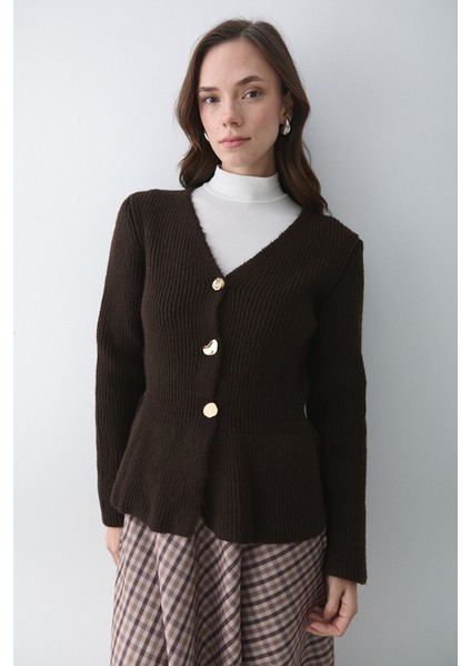 Kahverengi 3 Düğmeli Pileli Hırka - 251065