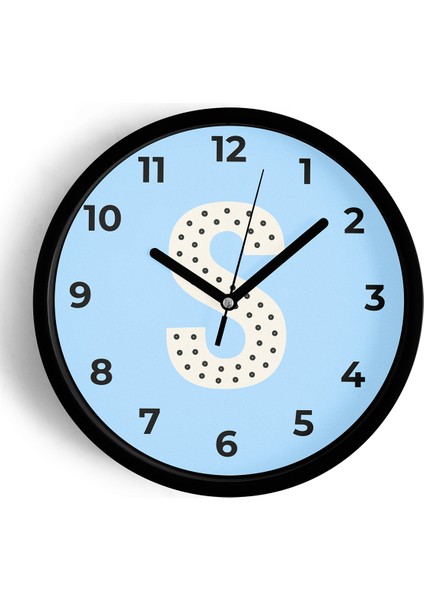 S Harfi Erkek Odası Duvar Saati - 25CM - Önü Camlı Siyah Kasa - Sessiz Mekanizma