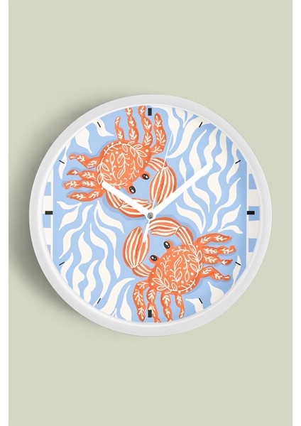 Yengeç Çizimi Modern Duvar Saati - 25CM - Önü Camlı Beyaz Kasa - Sessiz Mekanizma