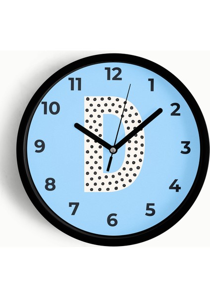 D Harfi Erkek Odası Duvar Saati - 42CM - Önü Camlı Siyah Kasa - Sessiz Mekanizma