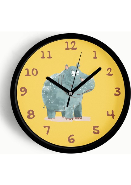 Sevimli Su Aygırı Çocuk Odası Duvar Saati - 42CM - Önü Camlı Siyah Kasa - Sessiz Mekanizma