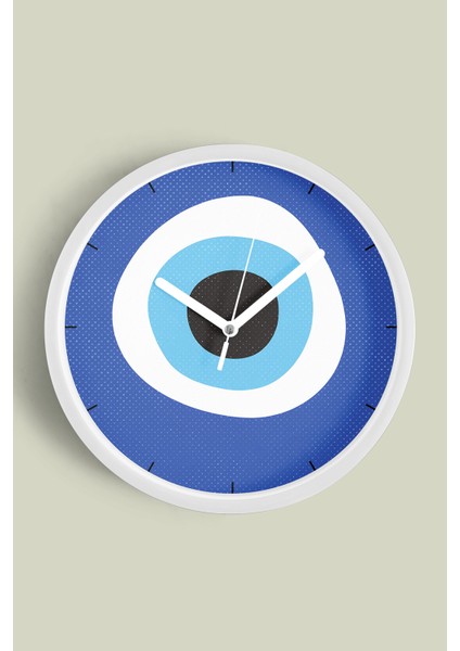 Nazar Boncuğu Modern Duvar Saati - 25CM - Önü Camlı Beyaz Kasa - Sessiz Mekanizma