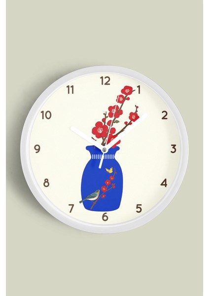 Çiçek Açan Zaman Modern Tasarım Duvar Saati - 25CM - Önü Camlı Beyaz Kasa - Sessiz Mekanizma