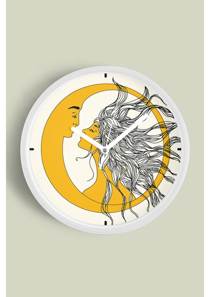 Güneş ve Ay Aşıklar Desenli Modern Duvar Saati - 25CM - Önü Camlı Beyaz Kasa - Sessiz Mekanizma