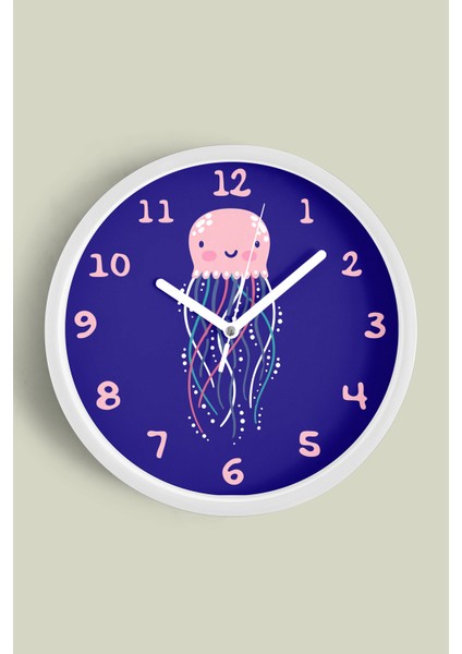 Sevimli Denizanası Çizimli Çocuk Odası Duvar Saati - 25CM - Önü Camlı Beyaz Kasa - Sessiz Mekanizma