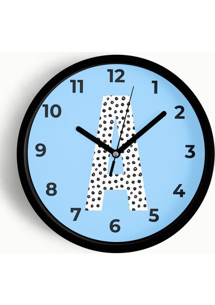 A Harfi Erkek Odası Duvar Saati - 25CM - Önü Camlı Siyah Kasa - Sessiz Mekanizma