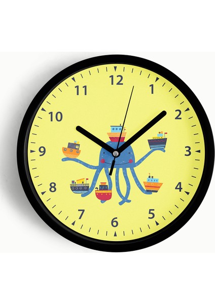 Gemileri Tutan Ahtapot Çocuk Odası Duvar Saati - 25CM - Önü Camlı Siyah Kasa - Sessiz Mekanizma