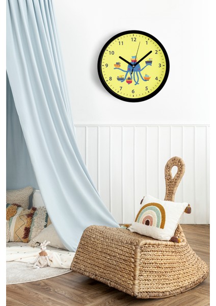 Gemileri Tutan Ahtapot Çocuk Odası Duvar Saati - 25CM - Önü Camlı Siyah Kasa - Sessiz Mekanizma fiyatları