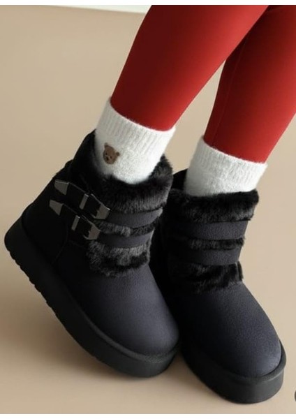 Içi Tüylü Dışı Süet Kemerli Tokalı Kürklü Yüksek Taban Kadın Bot