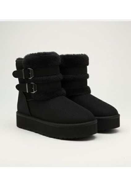 Içi Tüylü Dışı Süet Kemerli Tokalı Kürklü Yüksek Taban Kadın Bot