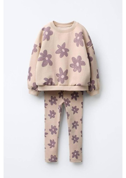 Kız Çocuk Çiçek Baskılı 3 Iplik Pamuklu Kumaş Alt Üst Takım