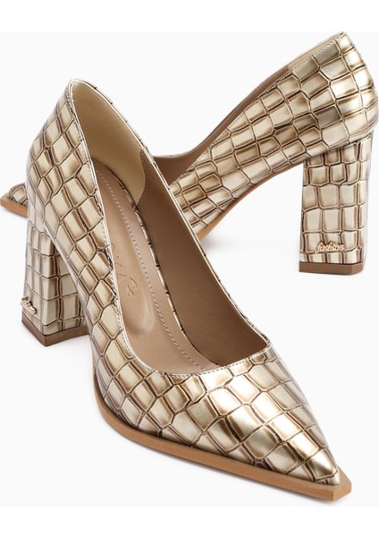 Lucy Krem Kroko Kalın Topuklu Ayakkabı Kadın Stiletto