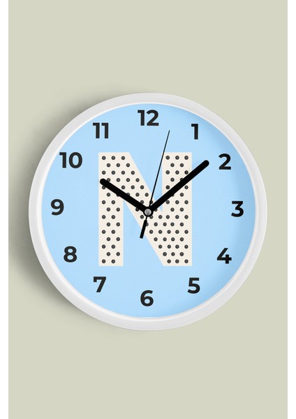 N Harfi Erkek Odası Duvar Saati - 25CM - Önü Camlı Beyaz Kasa - Sessiz Mekanizma