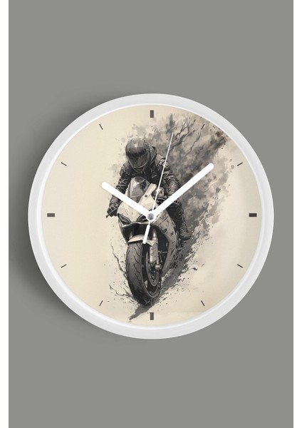 Motorcu Modern Duvar Saati - 25CM - Önü Camlı Beyaz Kasa - Sessiz Mekanizma