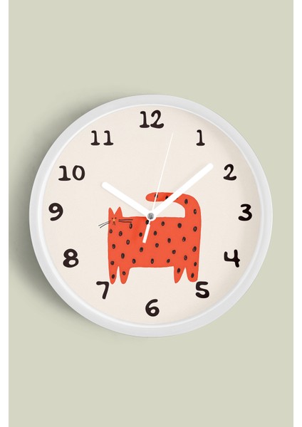 Sevimli Kedi Tasarım Modern Duvar Saati - Çocuk Odası Duvar Saati - 25CM - Önü Camlı Beyaz Kasa