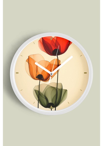 Renkli Soyut Güller Modern Duvar Saati - 25CM - Önü Camlı Beyaz Kasa - Sessiz Mekanizma
