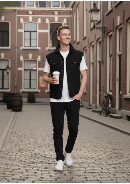 Erkek Rahat Kalıp Denim Kot Yelek Siyah