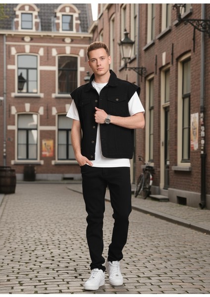 Erkek Rahat Kalıp Denim Kot Yelek Siyah fiyatları