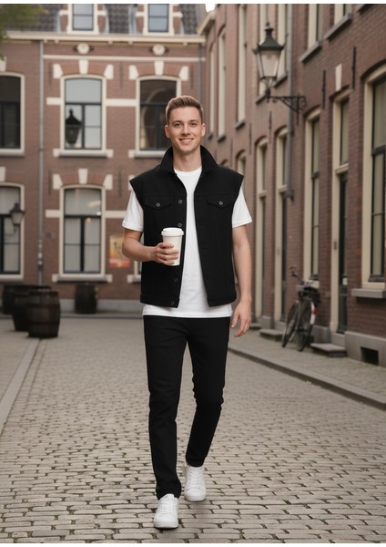 Erkek Rahat Kalıp Denim Kot Yelek Siyah fırsatları