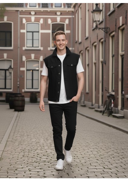 Erkek Rahat Kalıp Denim Kot Yelek Siyah