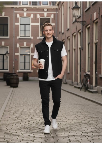 Erkek Rahat Kalıp Denim Kot Yelek Siyah