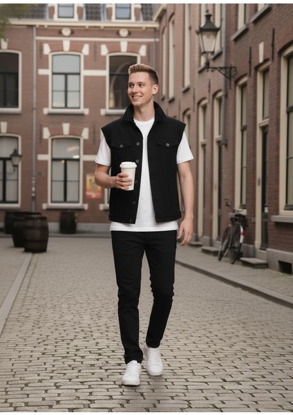 Erkek Rahat Kalıp Denim Kot Yelek Siyah